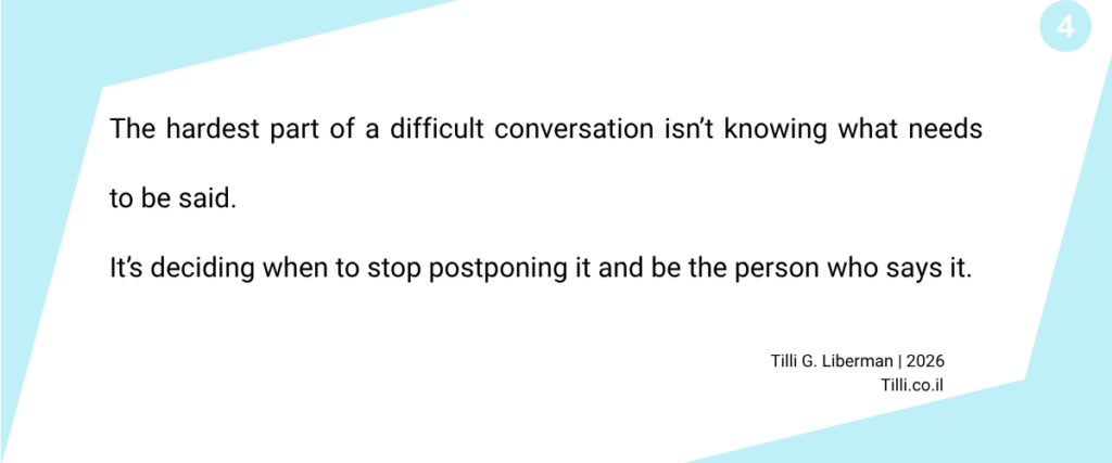 Thinking card about difficult conversations: “The hardest part of a difficult conversation isn’t knowing what needs to be said. It’s deciding when to stop postponing it and be the person who says it.”