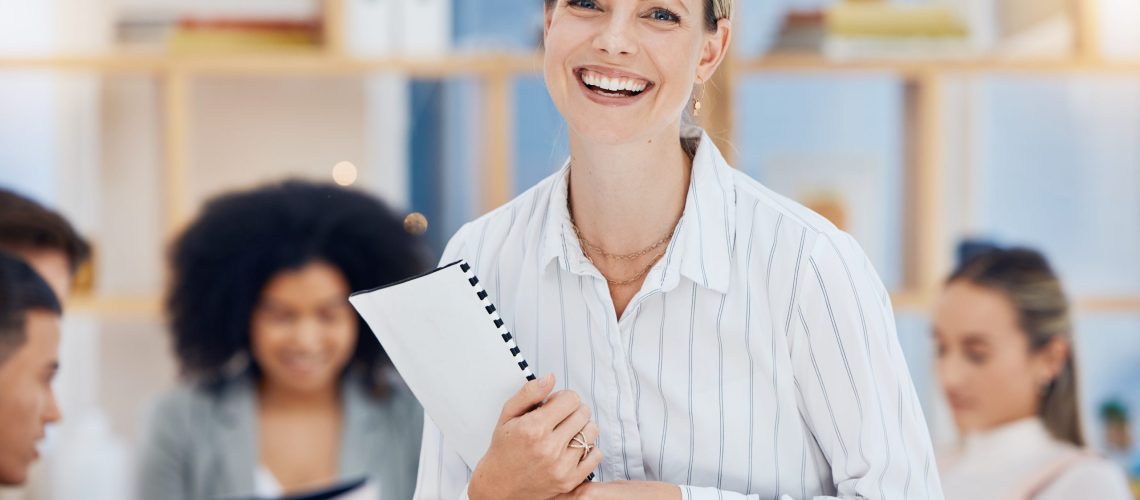 Meeting, leadership and happy with a business woman holding documents in the boardroom for training.
